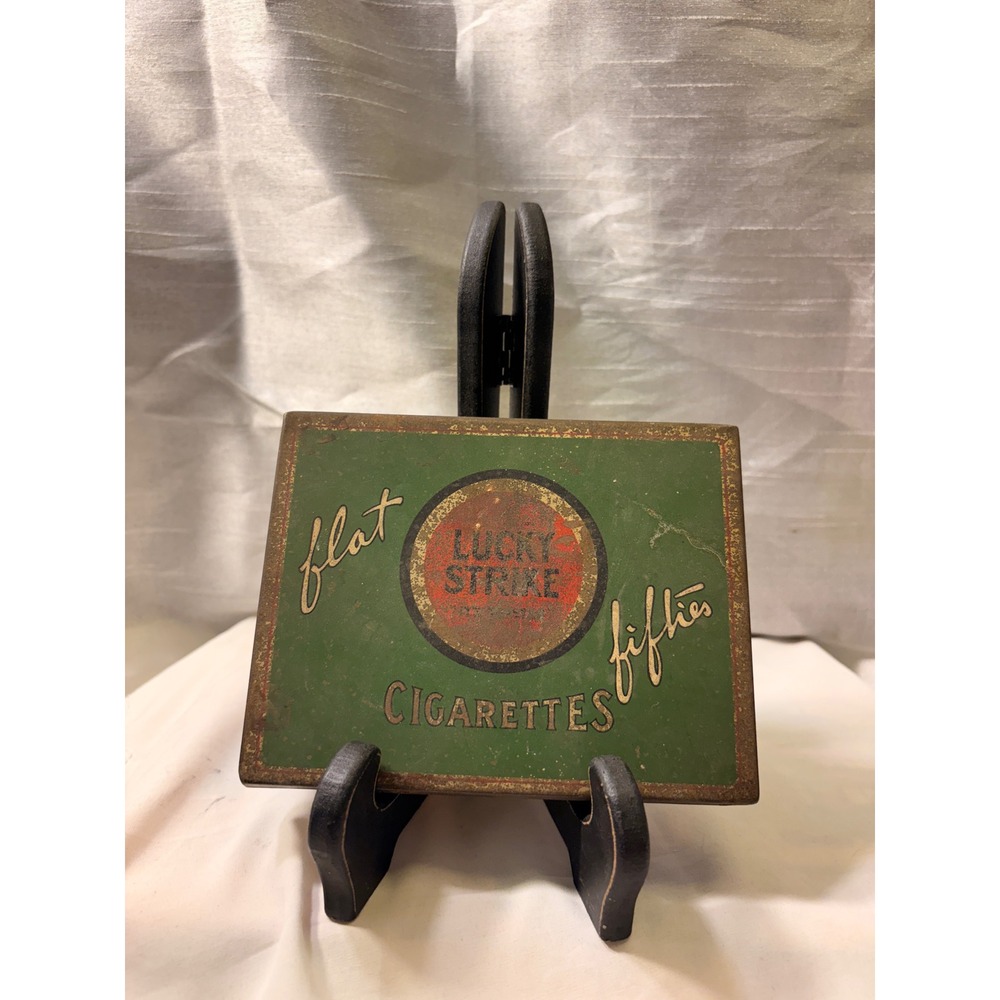 Vintage Lucky Strike Flat Fifties Cigarette Tin Green Red Target Logo Metal Box
